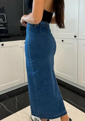 Womens Casual Slit Denim Midi Skirts Stretch High Waist Jean Skirt Stretch Frayed Button Up Skirts2
