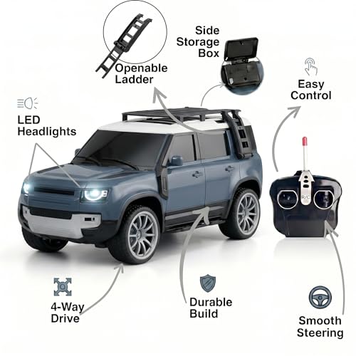Image of Remote Control Defender Car for Kids with LED Headlights, 4-Way Drive, Openable Ladder & Storage Box | Durable RC SUV Toy with Easy Control Best Birthday Gift for Kids (Blue)