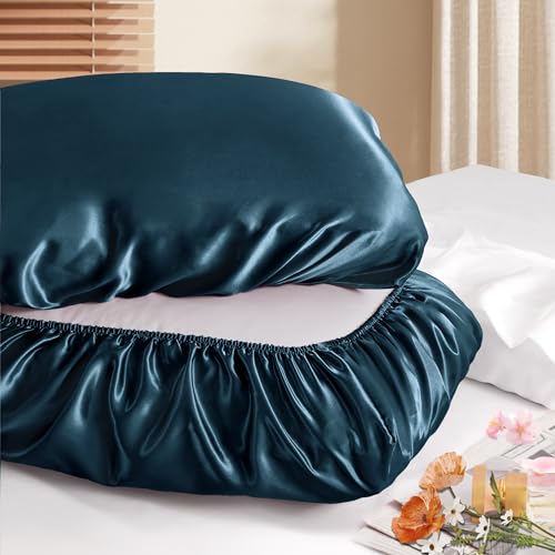 Manyshofu Satin Pillowcases for Hair Protection - 1Pcs Navy Blue Pillow Cases, Elastic Band Standard & Queen Satin Pillowcases Luxury Silky Pillow Cases Travel Pillow Covers