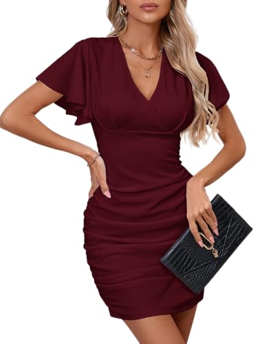 Image of Women's Sexy V Neck Ruffle Sleeve Bodycon Mini Cocktail Party Dress Casual Short Sleeve Work Dress