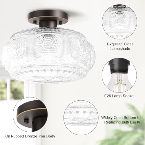 Image of Semi Flush Mount Ceiling Light, Upgraded Larger Bronze Glass Ceiling Light Fixture, Vintage Lighting for Hallway Kitchen Bedroom Dining Room, Bulb Not Included