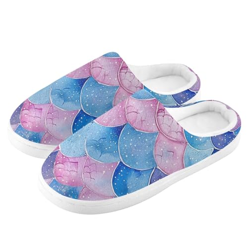 JUNZAN Glitter Blue Pink Mermaid Scales Mens House Cotton Slipper Non Skid Memory Foam Bedroom Shoes for Spa Funny Presents 6-74