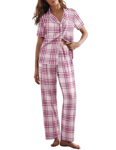 Ekouaer Womens Pajamas Set Plaid PJs Soft Button Down Sleepwear Short Sleeve Nightwear with Long Pants