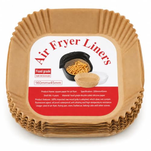 Image of Sakoraware 100 PCS Paper Liners 8 x 8 Inches, Disposable Non-Stick Parchment Paper for Air Fryer Oil Proof, Food Grade Baking Paper for Roasting, Baking & Cooking