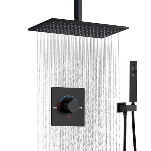 Sistema de Ducha Smart Rain con cabezal de ducha de lluvia de 8X12 pulgadas montado en techo y kit mezclador de ducha de mano de latón (Negro Mate) miniatura 1