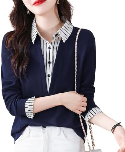 Augeed Women's Shirt, Blouse, Layered Style, Long Sleeve, Stylish, Top, Spring, Thin, Faux Layered, Large Size, With Collar, Switchable, Striped, Office Casual, Business, Formal, Commuting, V-Neck