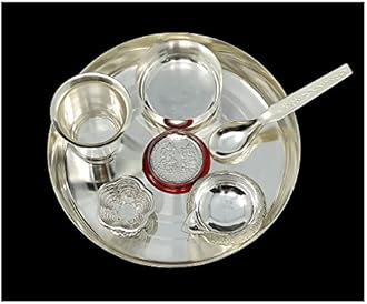 Silver Plated Pooja Thali Set 6 Inch Plate Ganesh Laxmi Coin Kumkum Stand Glass Bowl Spoon Kuber Diya Puja Decorative Items for Home Mandir Office Wedding Return Gift