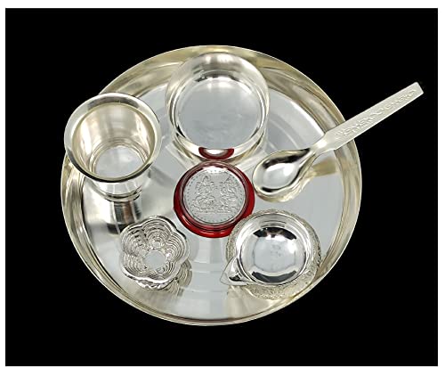 Silver Plated Pooja Thali Set 6 Inch Plate Ganesh Laxmi Coin Kumkum Stand Glass Bowl Spoon Kuber Diya Puja Decorative Items for Home Mandir Office Wedding Return Gift
