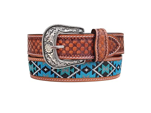 Western Tooled Leather Beaded Belt For Men and Women 30AB0112
