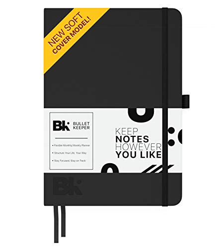 Bullet Keeper Undated Planner - Daily Weekly Monthly Calendar. Flexible Structure A5 (5.8 x 8.3) Dot Grid Notebook. 52 Week Journal w Pen Holder, 2 Bookmarks, Elastic Closure. Softcover (Black)