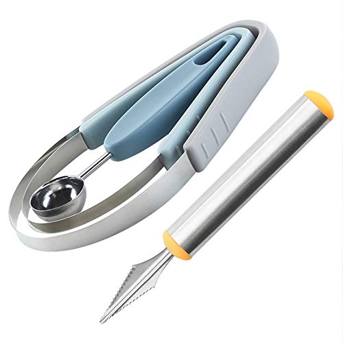 4-in-1 Stainless Steel Melon Baller & Carving Knife & Fruit Scoop Set for Fruit Slicer Dig Pulp Separator and Carve