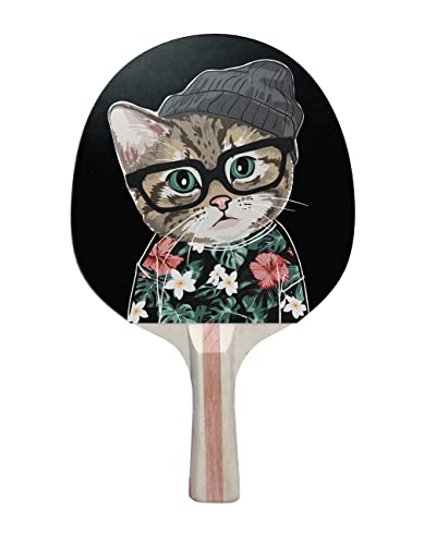 TigerTail Sports Cute Cat Colorful Design Ping Pong Paddle, Premium 5 Ply Table Tennis Racket (Red on Back)