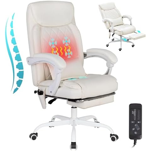 BOWTHY Executive Massage Office Chair with Heated,90-135°Reclining Ergonomic Office Chair with Footrest,High Back Computer Desk Chair with Wheels,Leather Office Chair 6 Points Vibration (Cream White) Cover