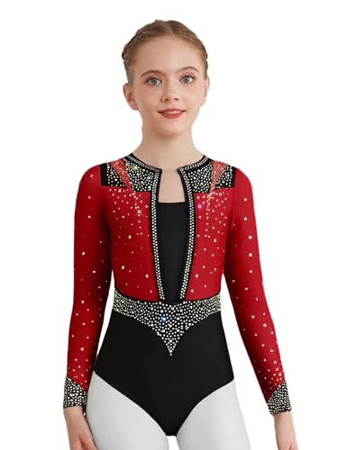 Alvivi Maillot Brillante para Gimnasia Rítmica Niña de Manga Larga Leotardos de Danza Multicolor Maillot Competicion Patinaje Disfraz de Bailarina de Ballet borgoña 9 10 años