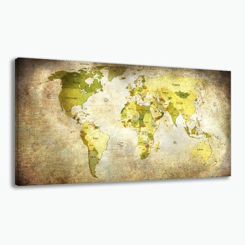 World Map Canvas Art Wall Decor for Living Room World Map Picture for Wall Vintage Canvas Wall Art Map Of The World Stretched Canvas for Bedroom Office Living Room Wall Decoration