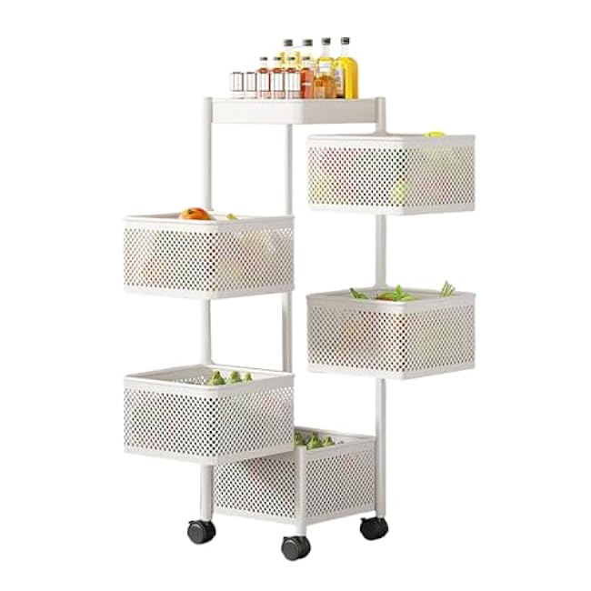Vegetable Cart for Kitchen with Wheels - 5 Tier Rotating Storage Rack, Multi-Functional Rolling Pantry Cart for Fruits, Vegetables, Kitchen Essentials White Square-OTKLmngD