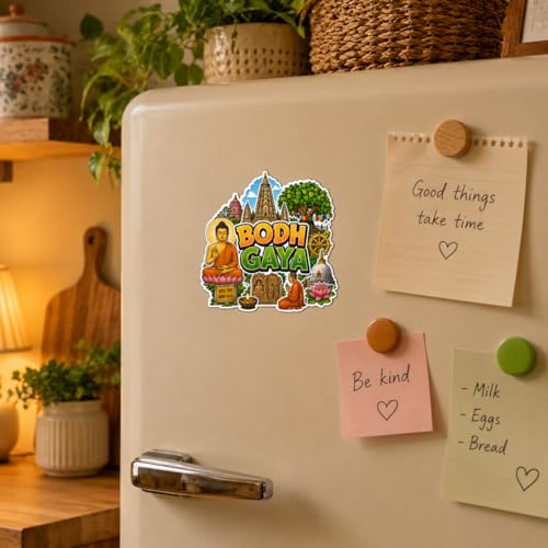 Image of Zesta Wooden Fridge Magnets Set | Refrigerator Decor Magnets for Kitchen | India Souvenir Fridge Magnet Collection | Wooden Magnet for Fridge Door Decoration (Bodhgaya)