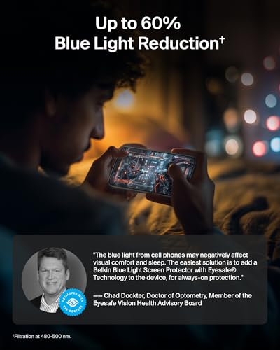 Image of Belkin EZ Align iPhone 17 /16 Pro Tempered Glass Screen Protector Guard, InvisiGlass Blue Light Filter Screen Protector, Scratch-Resistant.