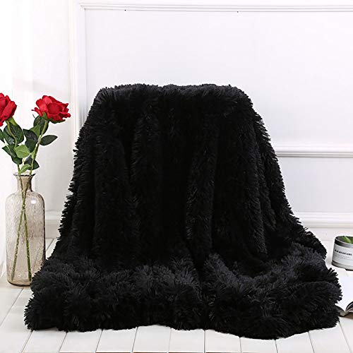 Couverture plaid shaggy noir 160x200 cm en fausse fourrure - 2