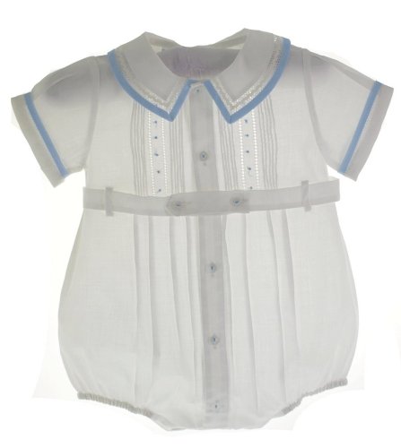 Baby Boys White Belted Bubble Outfit with Blue Trim 3M