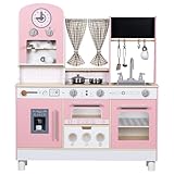 EDUBEBO Kids Kitchen playset, Wooden Play Kitchen, Height Adjustable, Comes with Various Kitchen Accessories, Ideal Role Play Toy Gift for Toddlers and Kids Ages 3-8 (Pink)
