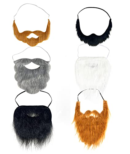 Fake Beards Funny Fake Mustache for Adult Kids, Artificial Beard Novelty Colored Long Short Fake Whisker with Elastic Rope for Christmas Halloween Costume Party Supplies (6 Pieces)