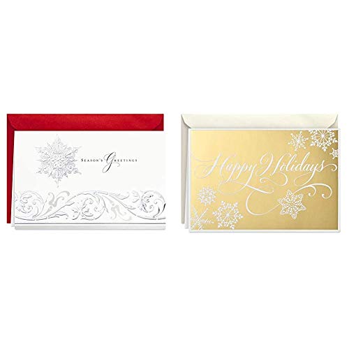 Hallmark Boxed Holiday Cards (Season's Greetings Snowflake, 40 Holiday Cards with Envelopes) & Boxed Holiday Cards, Gold Happy Holidays (16 Cards and 17 Envelopes)