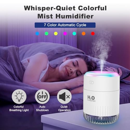 Image of Rechargeable Mini Humidifier, Colorful Cool Mist Humidifiers with 7 Color Light, Small Personal Desktop Humidifier for Baby Bedroom, Office, Nursery, Travel with Auto Shut-Off, Super Quiet (White)
