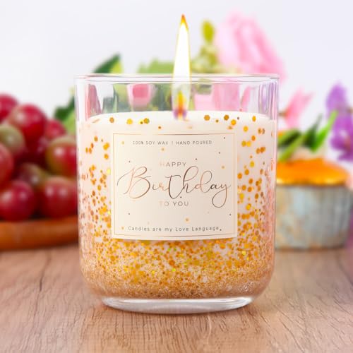 11oz Vanilla Scented Candle with Golden Glitter-Unique Birthday Gifts for Women 30th/40th/50th/60th Birthday, Mom, Sister, Friend, Coworker Happy Birthday Candle
