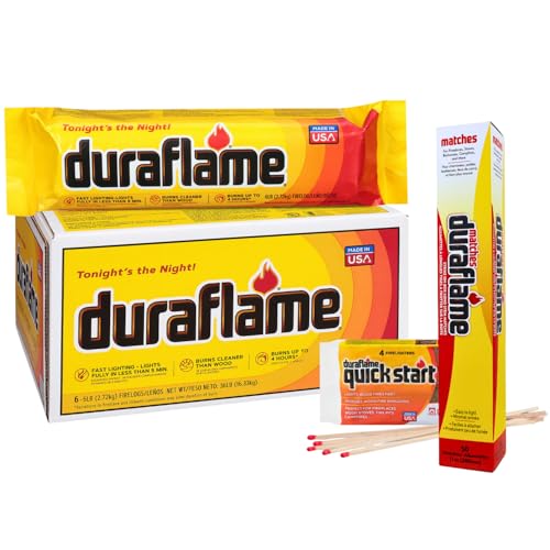 Duraflame Firelogs Bundle – Firelogs with Quickstart & Long Stick Matches – Easy-to-Light, Long-Lasting, Clean-Burning Indoor/Outdoor Logs (6lb 4 Hour)