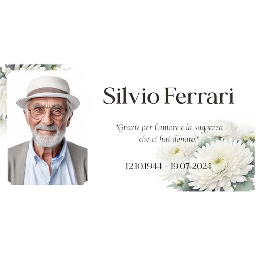 Albalù Targa Commemorativa Modello Crisantemi perTarga cimitero, Foto Ceramica per lapide Personalizzata, con Foto, Nome, Date e Dedica Personalizzabile Gres Porcellanato Misura 10x20 cm