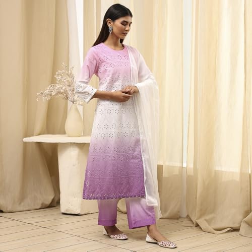 Image of BIBA Women Cotton Straight Dyed Suit Set
