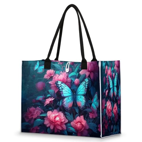 Beautiful Butterfly Flower Pink Blue Large Beach Tote Bag for Women Adequate Capacity Kitchen Reusable Grocery Bag with Inner Zipper Pocket Travel Tote Handbag for Beach Pool Shopping Daily Use