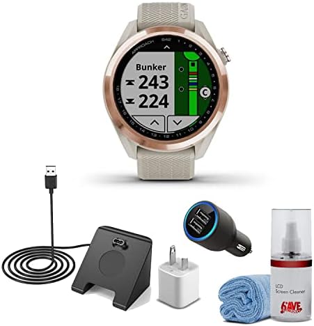 Garmin Approach S42 GPS Golf Smartwatch Rose Gold Ceramic Bezel and Tan Silicone Band (Bundle) with Watch Charging Station + USB Charging Cube + USB Car Charger + LCD Screen Cleaning Kit