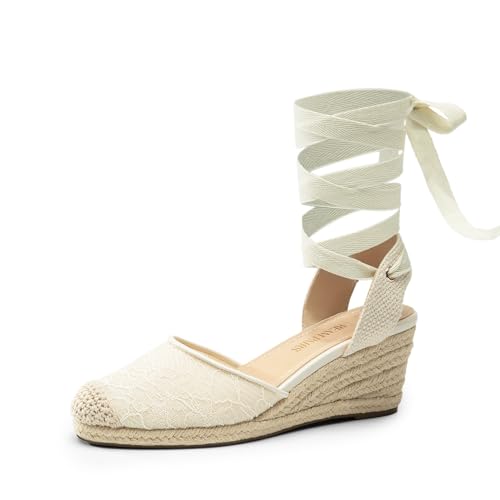 DREAM PAIRS Women's Wedge Sandals Platform Close Toe Espadrilles Strappy Lace Up Sandals Cute Fashion Comfortable Dressy Beach Vocation Summer Shoes,Size 6.5,White-Lace,SDPW2405W