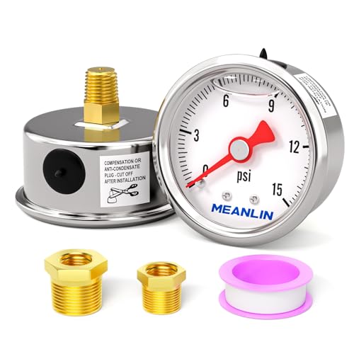 MEANLIN MEASURE 0~15Psi Stainless Steel 1/8" NPT 1.5" FACE DIAL, Glycerin Filled Pressure Gauge, Liquid Filled, Water Oil Air, Back Mount, with 1/4" NPT and 3/8" NPT Hex Bushing