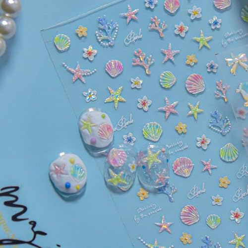 Image of Starfish Nails Stickers Ocean Nail Art Decals Marine Organism with Design Summer Beach Nail Art Stickers for Women Girls Kid 5D Embossed Self Adhesive Manicure Supply Decoration