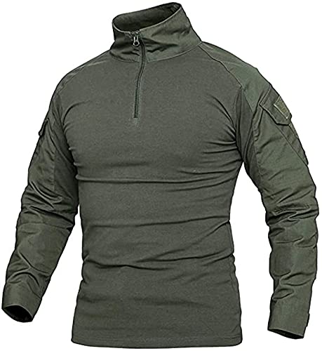 Czen Chemises Militaires Tactiques pour Hommes Chemise à Manches Longues Camo Chemise à Manches Longues à Fermeture éclair 1/4 Chemise de randonnée de l'armée en Plein air (Green,5XL)