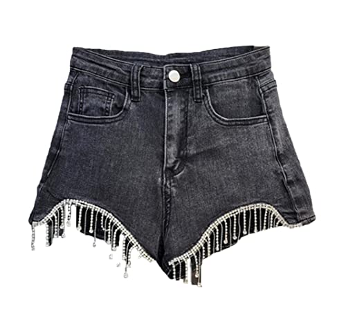 Short en jean noir femme avec pompons et finitions personnalisables