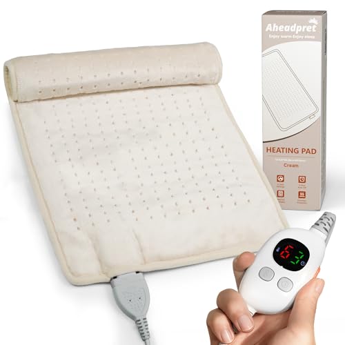 Aheadpret Electric Heating Pads for Neck and Shoulder,3 Hours Auto Shut Off,6 Heat Levels,12" x 24" Heating Pads,Machine Washable,Birthday Gifts for Women and Men,Cream