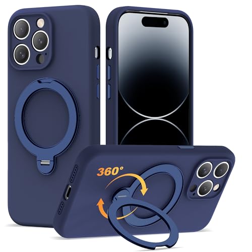 LEKMOTIN iPhone 14 Pro Max�p�P�[�X�A360°�X�s���X�^���h�t���A17cm �_�[�N�u���[ | ���C360°�X�s���X�^���h�AMag-Safe�Ή��A�\�t�g�V���R��14 Pro Max�P�[�X