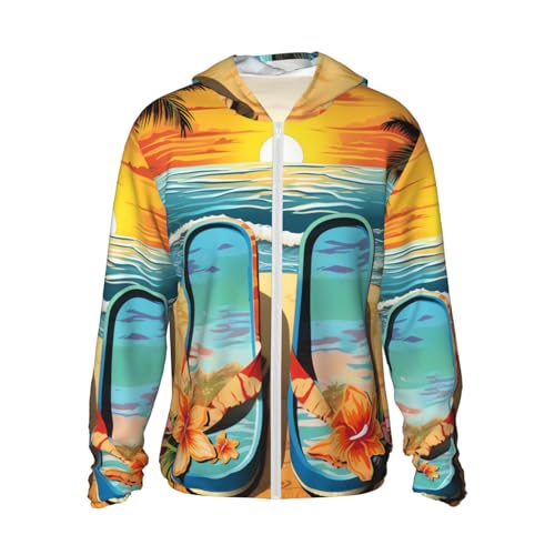 Flip Flops and Tropical Beach Scene Camisas masculinas FPS 50+ com capuz e proteção solar feminina m