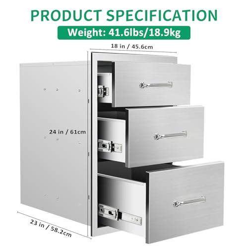 Image of Outdoor Kitchen Drawers 18 inch Wx 24 inch H x 23 inch D Stainless Steel Triple Drawers with Ergonomic Handle for BBQ Island, Patio Grill Station & Outdoor Kitchen Cabinets