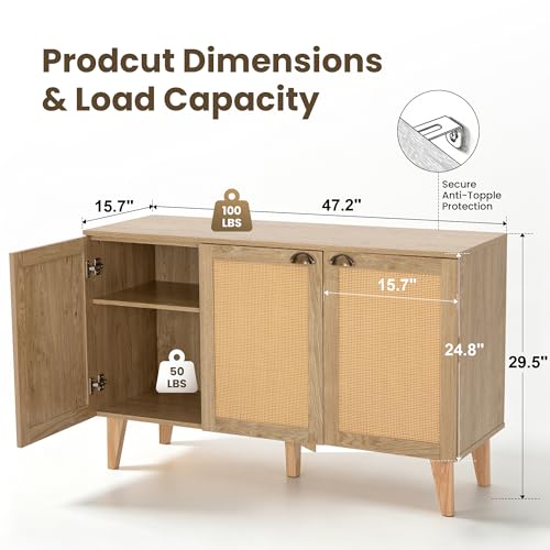 GREEN PARTY 47" Rattan Sideboard Buffet Cabinet with Storage, 3-Door Boho Coffee Bar Cabinet, Kitchen Storage Cabinet with Adjustable Shelves for Dining Room, Living Room, Entryway — view 2