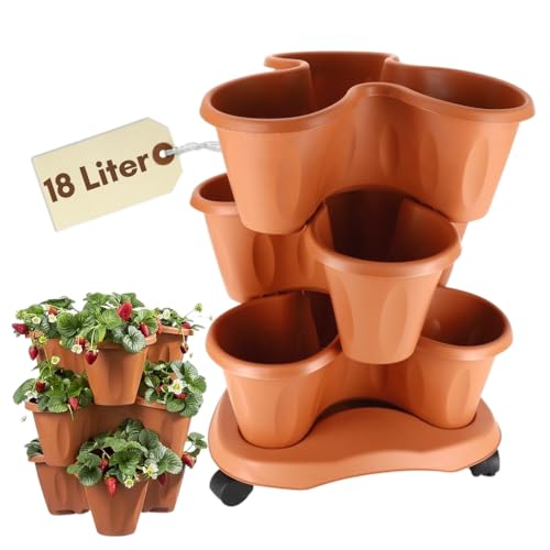 Pflanzturm Erdbeerturm 3er Set Säulentopf Stapelbar Kräuterspirale 3 Stöckiger Blumentopf Vertikaler Garten Kräutergarten Hochbeet Pflanzkübel mit Rollen Terracotta