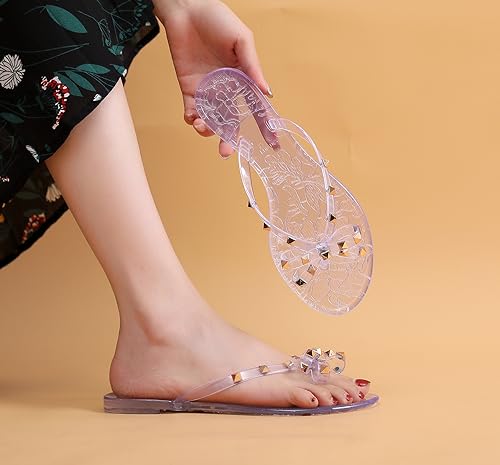Image of Studded Jelly Shoes for Womens Bow Flip Flops Jellies Sandals Flat Black Summer Beach Thong with Rivets Strappy Slides Slip On