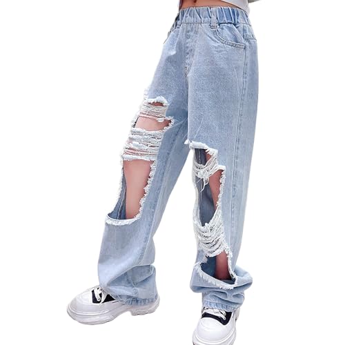 Kids Girl's High Waisted Straight Leg Ripped Jeans Streetwear Washed Baggy Denim Pants Trousers with Pockets2