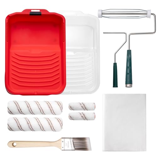 Mister Rui 10 pcs Paint Roller Set, 9 Microfiber Paint Rollers Kit, 9 Microfiber Paint Roller Set with Frame, Paint Rollers and Trays Set, Paint Brush for Walls & Ceilings