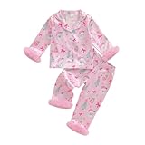 Kuriozud Kids Toddler Girl Christmas Pajamas Fuzzy Trim Long Sleeve Button Down Shirt Top and Pants 2pcs Pjs Sets Sleepwear (Christmas Tree Santa Pink, 12-18 Months)