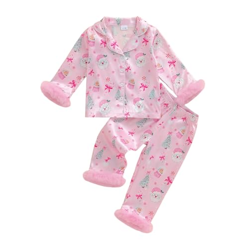 Image of Kuriozud Kids Toddler Girl Satin Pajamas Fuzzy Trim Long Sleeve Button Down Shirt Top and Pants 2pcs Pjs Sets Sleepwear